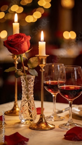 An elegant romantic dinner setting with a red rose, candles, and wine, creating a warm, festive atmosphere perfect for intimate occasions.