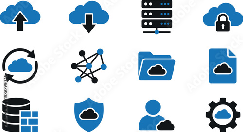 Cloud computing data storage cybersecurity icon set server network backup security digital cloud technology vector modern flat design collection pack