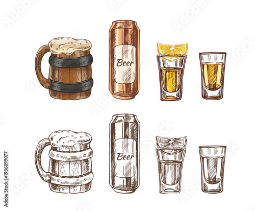Hand drawn vintage sketch set of beer mug can and shot glasses in color and monochrome illustration