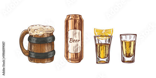 Hand drawn vintage sketch set of beer mug can and shot glasses drinkware in color and monochrome illustration