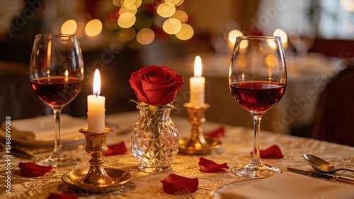 Elegant romantic dinner setting with a red rose, wine glasses, and candles creating a warm, intimate atmosphere.