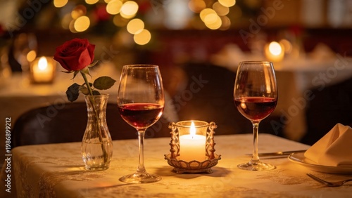 Romantic dinner setting with red rose, wine glasses, and candles, creating an intimate ambiance for special occasions.