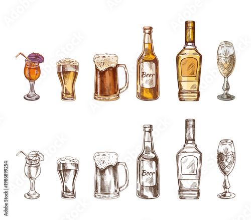 Hand drawn vintage sketch set of cocktail beer whiskey and champagne drinkware in color and monochrome illustration