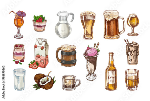 Hand drawn vintage sketch set of cocktail yogurt milk beer ice cream coffee coconut and chocolate drinks color