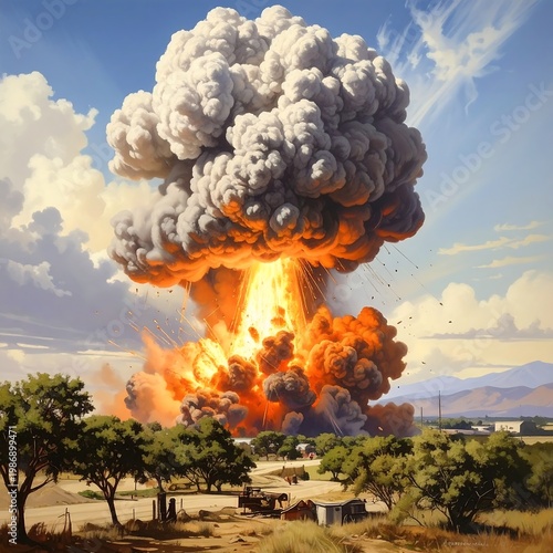 A massive explosion with a gigantic mushroom cloud rising over a landscape
