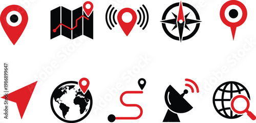 Navigation location GPS icons set with map pin compass route tracking satellite global positioning vector illustration modern travel direction design collection