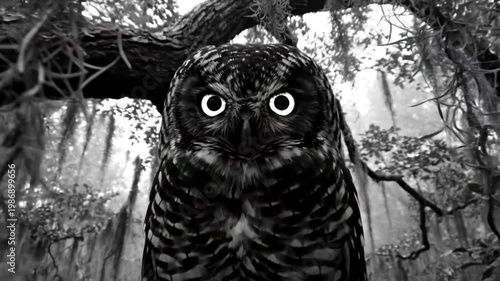 Spooky black and white owl with glowing eyes perched on a tree branch in a forest at night
