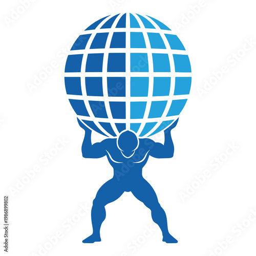 Muscular man lifting large blue globe on his shoulders easily  strong guy icon