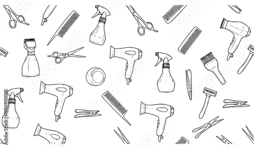 Minimal seamless barber tools pattern with hairdressing equipment doodle outline vector illustration