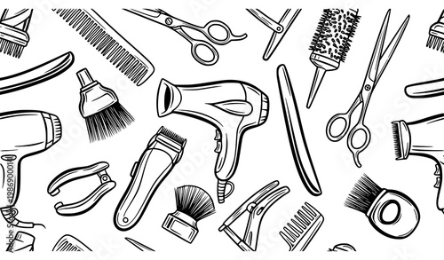 Bold doodle seamless pattern with barber tools hairdresser equipment black ink vector background
