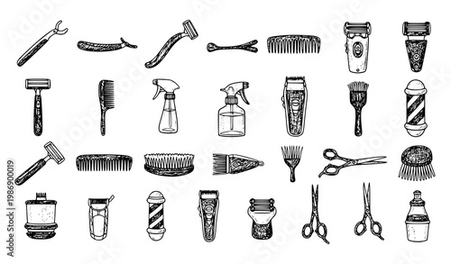 Hand drawn barber tools doodle collection with grooming equipment and hair styling sketch vector illustration