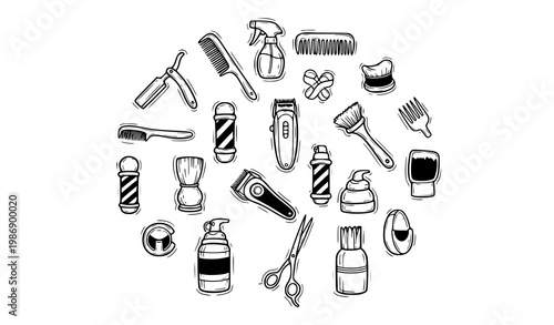 Creative circular barber doodle icons with grooming tools razor clipper and hair styling elements vector set