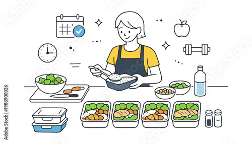 A woman prepares healthy meal prep containers in a kitchen