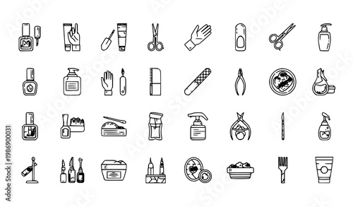 Geometric nail care outline icon collection with manicure pedicure tools and salon accessories vector illustration