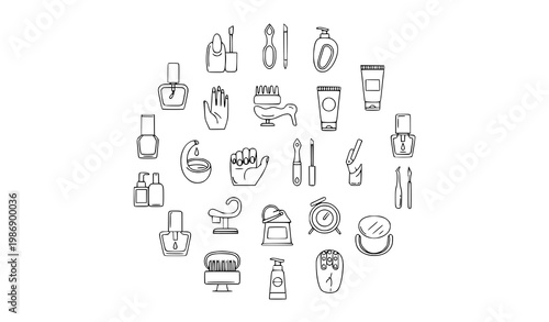 Modern circular nail care icons with manicure pedicure tools and salon beauty symbols line art vector set