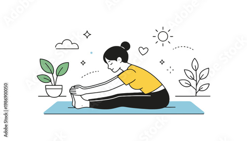 Yoga woman stretching on a blue mat in a serene outdoor setting