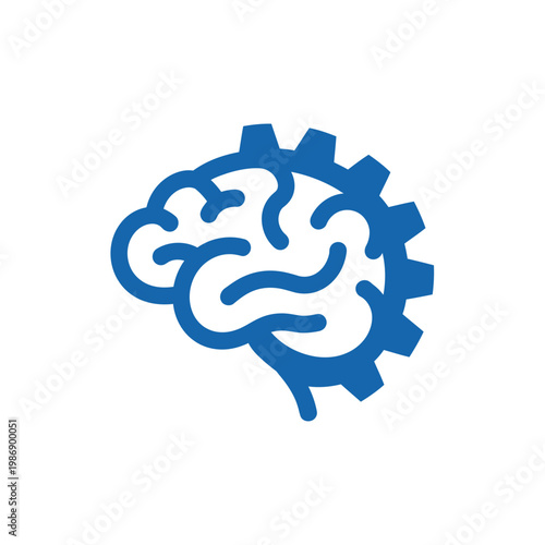 A blue gear shaped like a brain on a white background