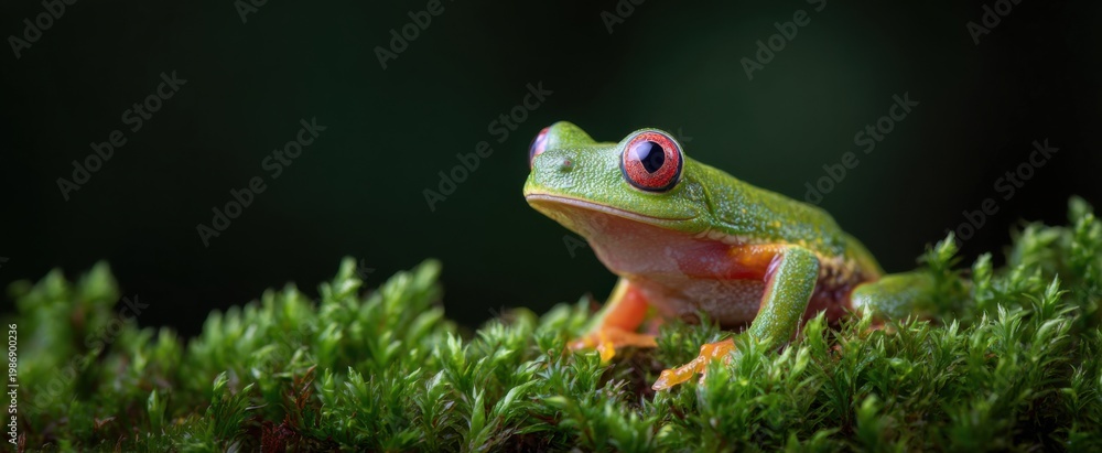 Obraz premium A vibrant tree frog sits like a jewel on soft green moss in a serene jungle