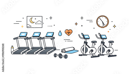 Gym equipment illustration with treadmills and exercise bikes for fitness
