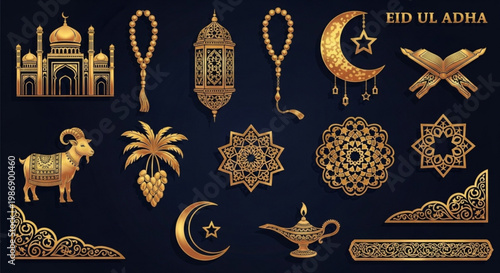 Golden islamic cultural symbols and ornaments for eid ul adha celebration including mosque crescent moon with star lantern prayer beads quran goat palm tree