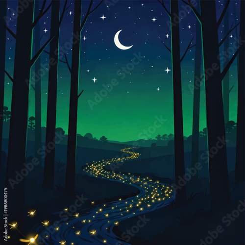 Glowing Fireflies Along River in Night Forest Vector Illustration