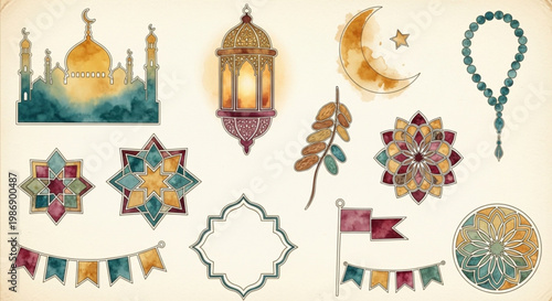 Watercolor ramadan eid al fitr decorative elements collection featuring mosque crescent moon lantern prayer beads geometric patterns flags and pennant banners ideal