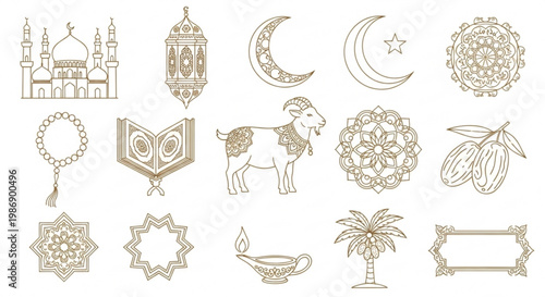 Collection of islamic cultural symbols and religious elements in a delicate golden line art style featuring a mosque crescent moon star lantern prayer beads holy book