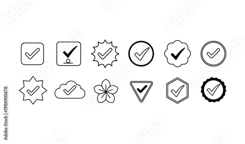 Collection of twelve hand-drawn black and white icons featuring checkmarks, approval stamps, and symbols in various shapes and styles.