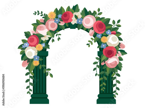 A beautiful floral archway with pink roses and green leaves on a white background for a wedding or event decoration