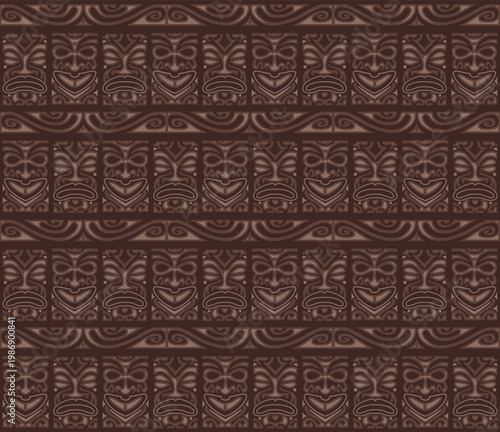 Traditional Polynesian Tiki Mask Seamless Pattern with Hand-Drawn Wood Carving Texture for Tropical Bar Branding, Hawaiian Luau Party Decor, and Surf Culture Apparel