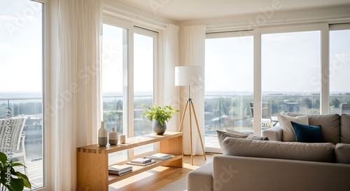 Modern bright living room interior with large windows and wooden furniture in a minimalist apartment