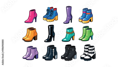 Shoe colorful cartoon illustration of various high-heeled boots and shoes