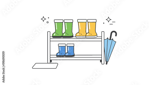 Shoe rack with colorful boots and umbrella illustration