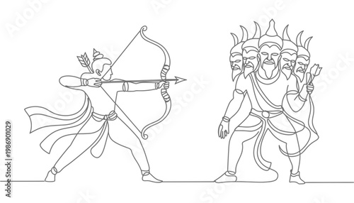 Archer illustration with a mythical creature having multiple heads in a line art style