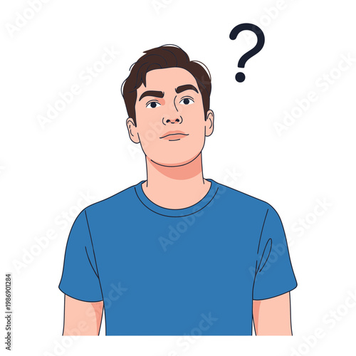 A young man with a question mark above his head looking confused.