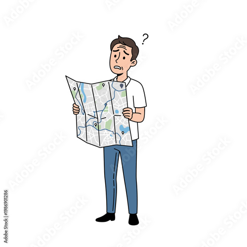 Confused Man Holding a Map and Looking for Directions 1.