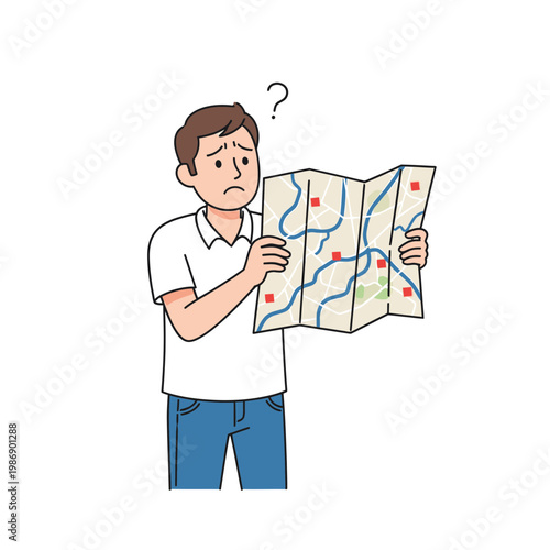 Confused Man Holding a Map and Looking for Directions.