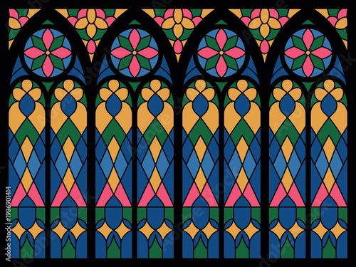 A colorful stained glass window with a vibrant floral pattern and geometric shapes in shades of pink, yellow, green, and blue.