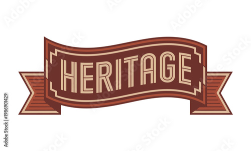 A vintage-style illustration of a ribbon banner with the word Heritage in a classic font