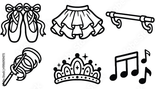Ballet icon set including shoes, skirt, and musical notes illustration