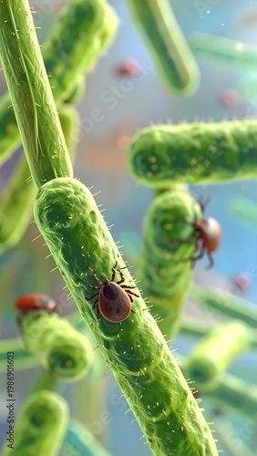 Microscopic view of green rod-shaped bacteria with ticks