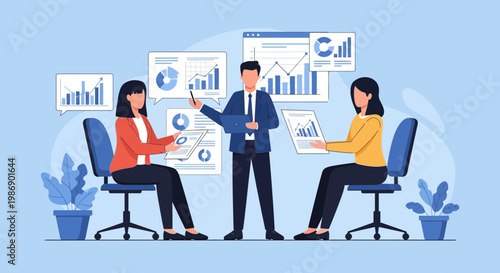 Business meeting with team discussing data and charts in a modern office setting during daytime