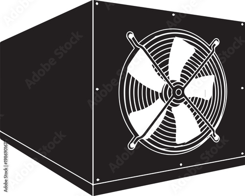 A black and white illustration of a computer fan on a sleek black box with a white background