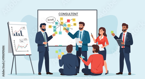 Business team discusses strategy and ideas in a meeting room in an office setting during daytime hours