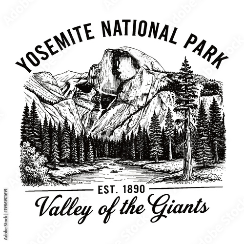 Yosemite National Park Vintage Emblem Valley of the Giants with Half Dome and River