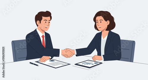 Business people shake hands to finalize a deal in a meeting room during the day while reviewing paperwork and discussing terms