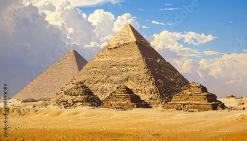 Ancient desert pyramids under blue sky with white clouds