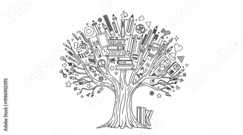 Education Knowledge Tree Concept with School Supplies and Academic Tools on Transparent Background