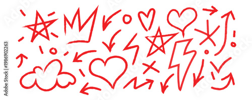 A colorful illustration featuring a mix of red hand-drawn brushes symbols, including hearts, stars, lightning bolts, arrows, and clouds on a pure white background vector.