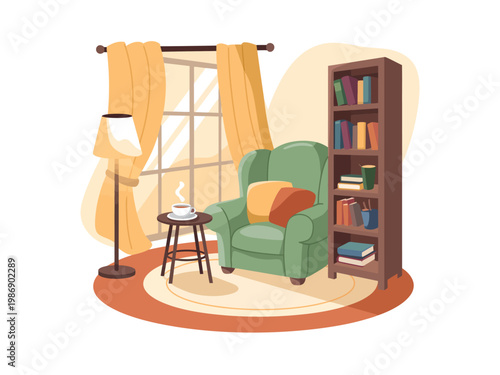 A cozy living room with a green armchair, bookshelf, and floor lamp by the window.